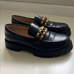 Black Lug Sole Loafers with Gold Accent